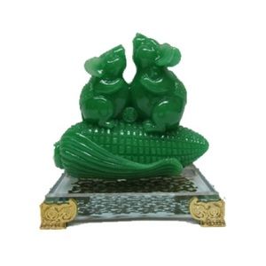 Feng Shui Chinese Zodiac jade color Mice on corn with crystal base wealth statue